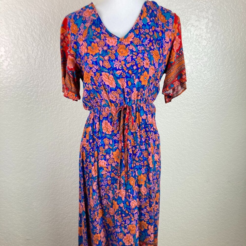 Pretty Garden Womens' Multicolored Floral Maxi Boho V-Neck Drawstring Dress Sz M